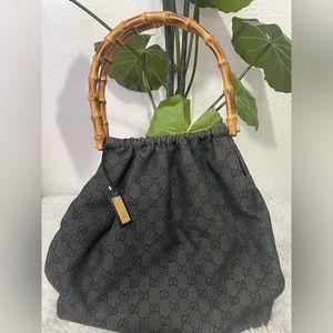Authentic Gucci Bamboo denim handbag, rare vintage dark gray